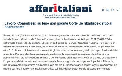Lavoro, Consulcesi: su ferie non godute Corte Ue ribadisce diritto al risarcimento
